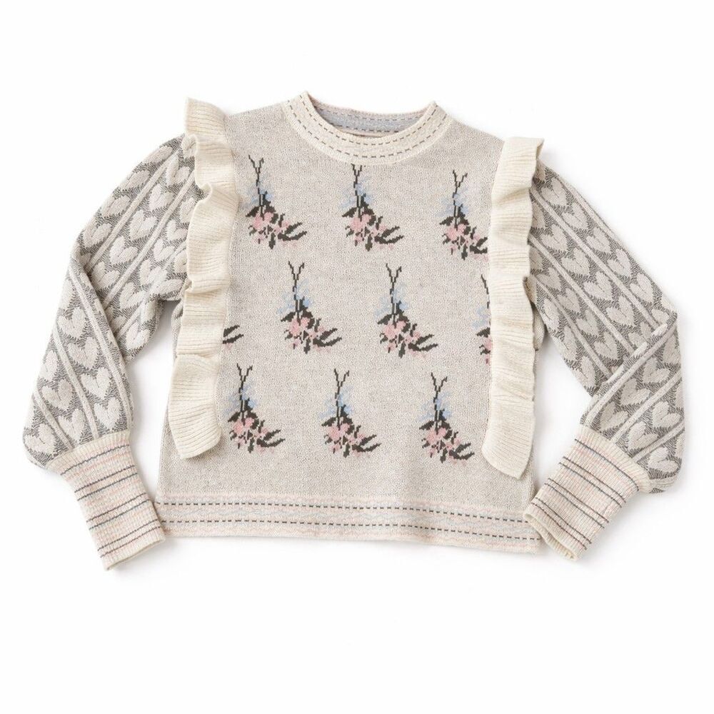 Floral Ruffle Knit Sweater Womens Size M Soft Girl Coquette Feminine Cottagecore
